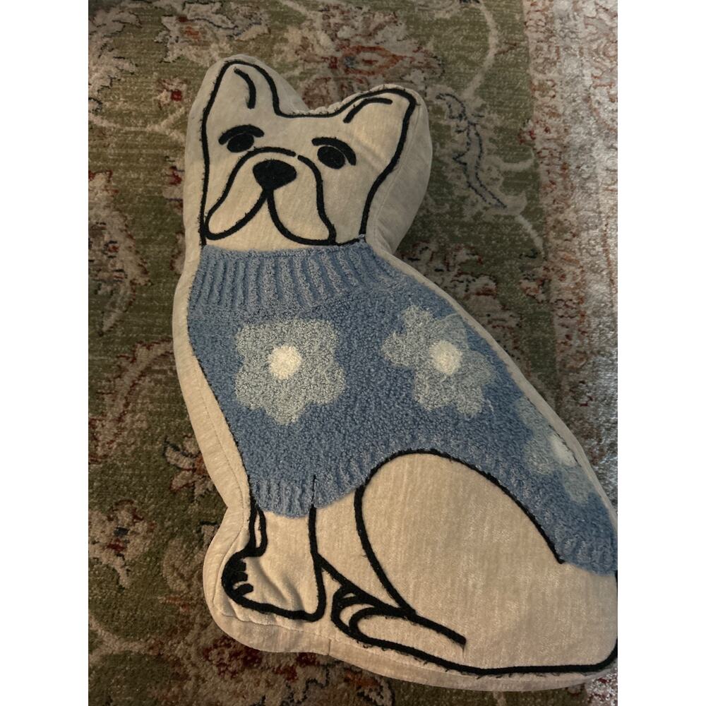 French Bulldog Pillow with blue flowered sweater